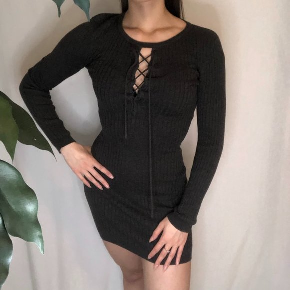 Grey Criss Cross Detail Bodycon Casual Dress - Picture 1 of 12